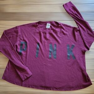 Victoria Secret Pink Shirt Medium Burgundy Long Sleeve Crop Waffle Knit